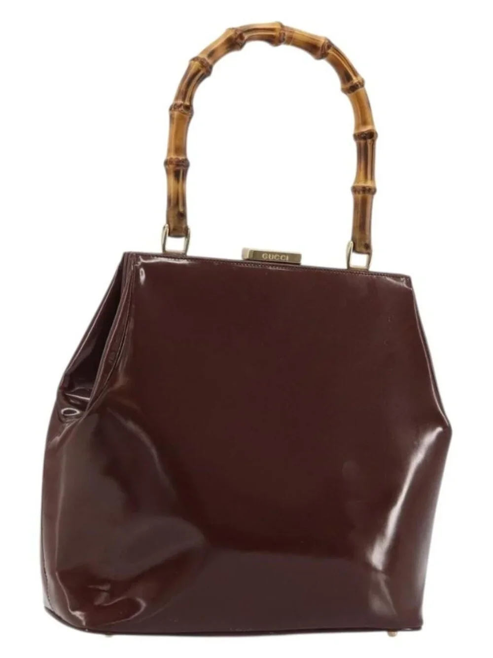 GUCCI Bamboo Hand Bag Patent leather Brown Gold 000 781 0295 Auth 175307
